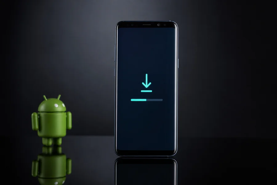 Samsung phone with download progress on screen