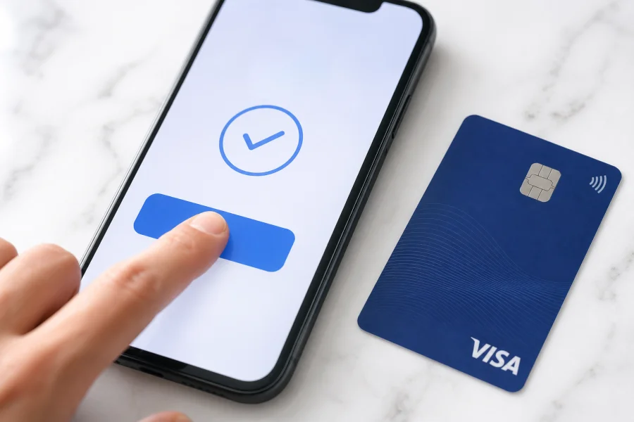 Finger confirming a mobile payment beside a payment card on marble