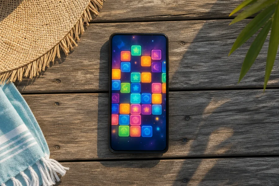 Phone on timber deck showing colourful casino game tiles