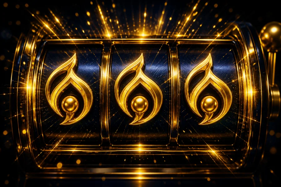 Slot reels with golden symbols and neon sparkle
