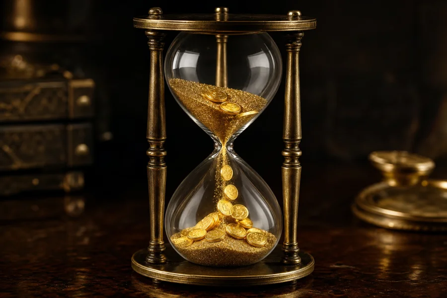 Brass hourglass with coins, time and wagering concept