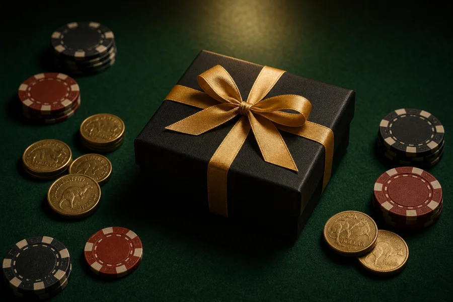 Gift box with gold ribbon, coins and chips on casino felt