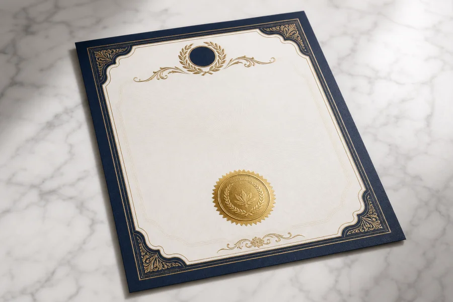 Regulatory certificate with gold seal on marble
