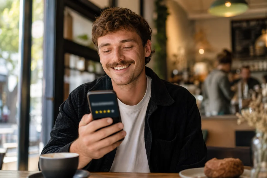Smiling player looking at phone reviews in a cafe