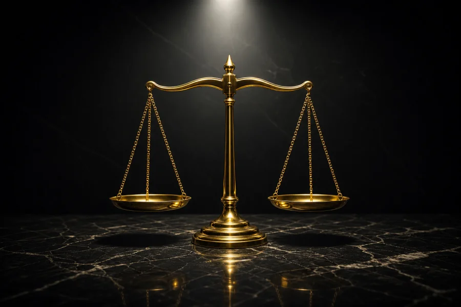 Balanced gold scales of justice on dark marble