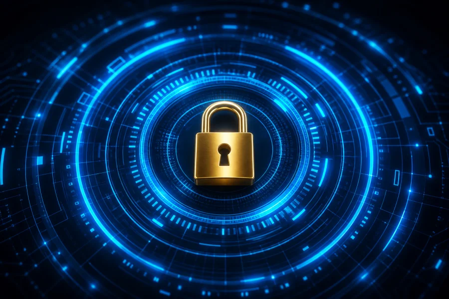 Digital security padlock with glowing blue rings