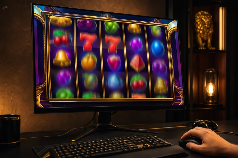 Desktop monitor with slot reels mid-spin on a gaming desk