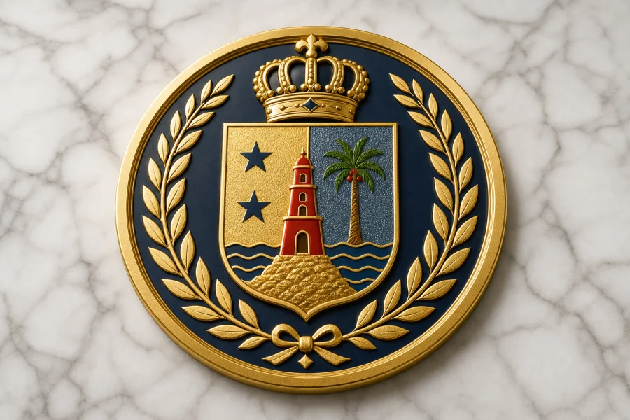 Gold regulatory seal on white marble, trust and licensing concept