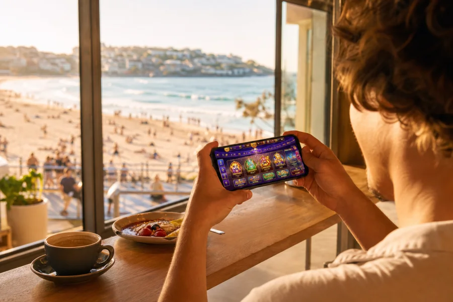 Player holding a smartphone with a casino lobby on screen