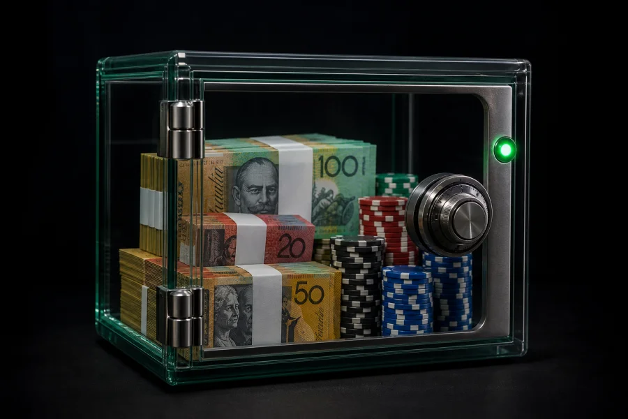 Australian banknotes and casino chips inside a glass safe with green indicator