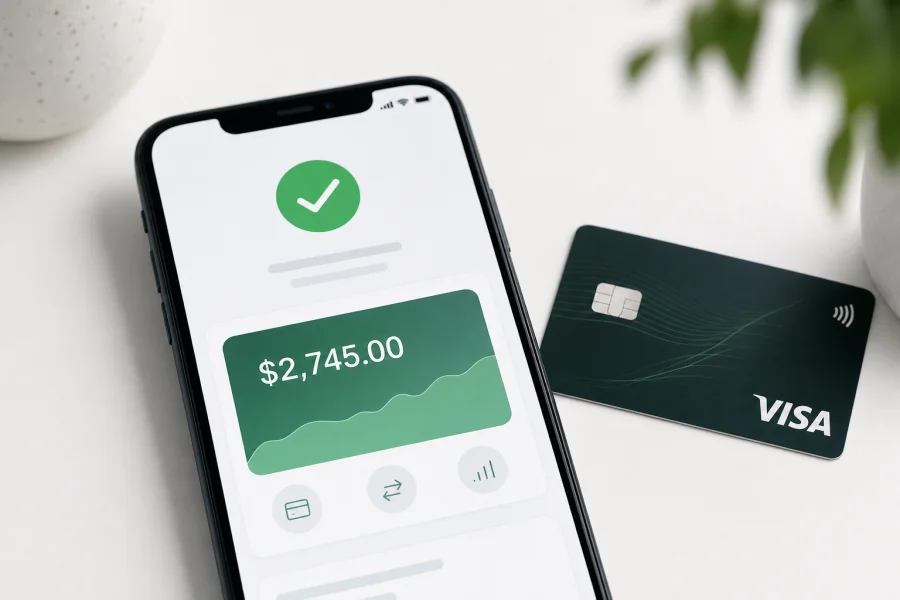 Phone banking success screen with card on desk