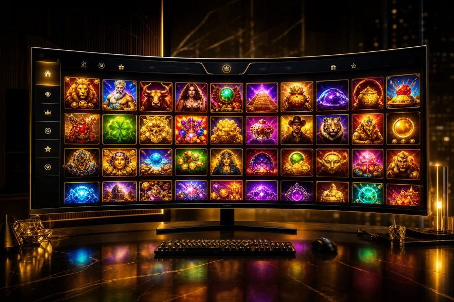 Ultra-wide monitor showing a colourful slot game lobby