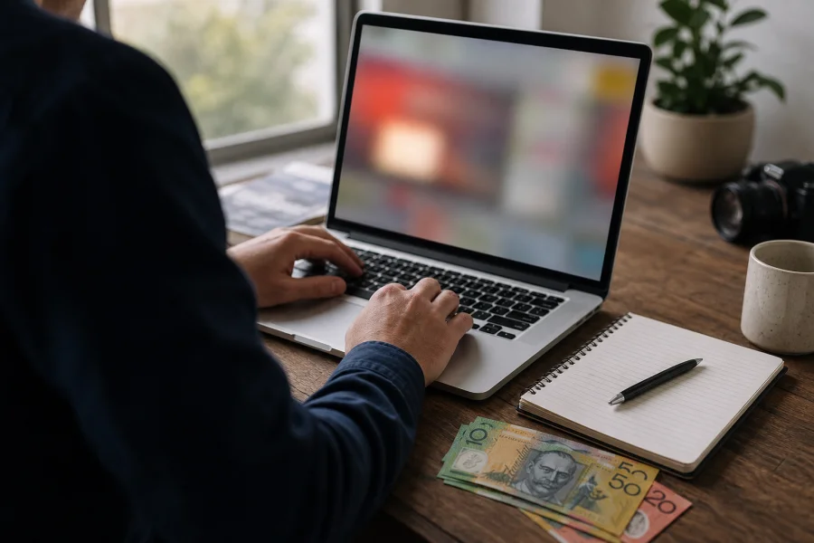 Desk with laptop, notebook and Australian banknotes