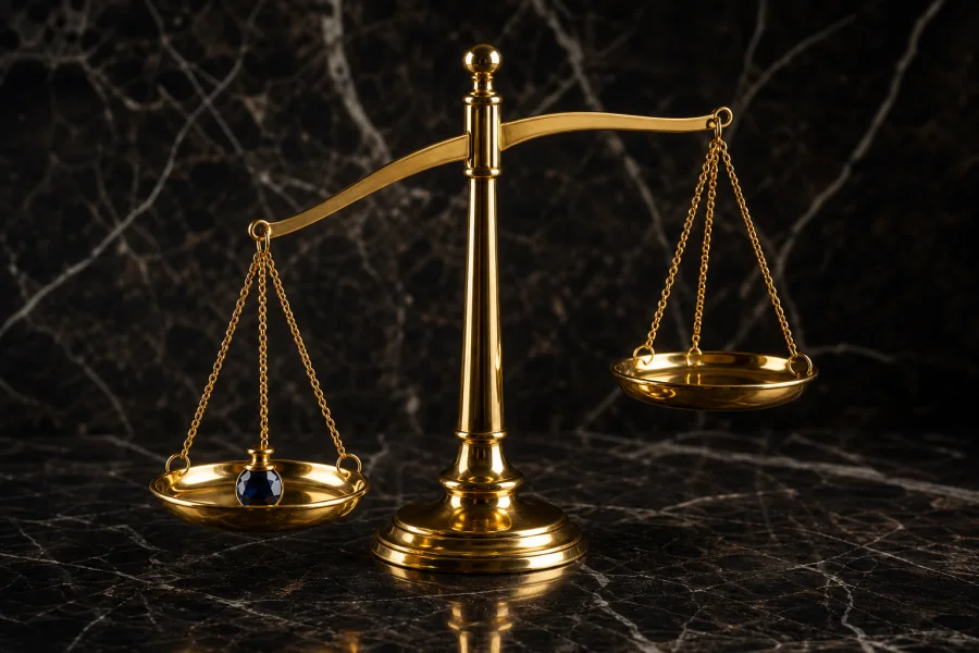 Gold balance scales with gemstone weight on marble