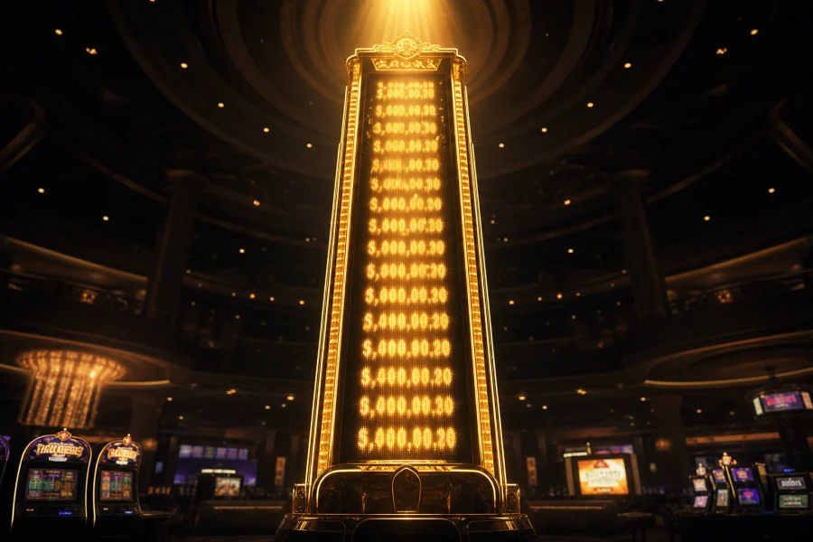 Glowing jackpot meter in a dark casino hall