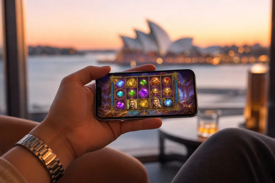 Hand holding iPhone with slot game, Sydney Opera House in background