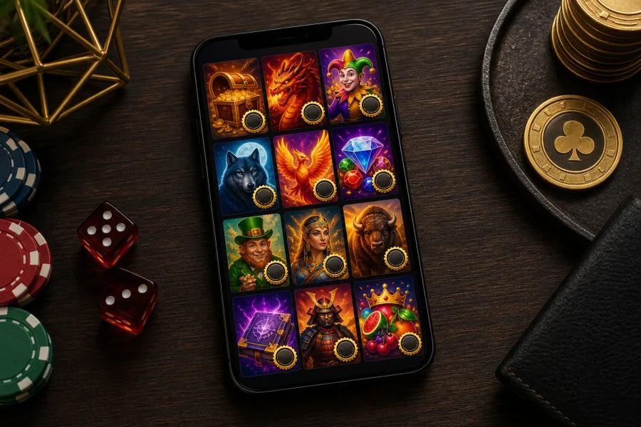 Smartphone flat lay with casino game grid and RTP badge icons