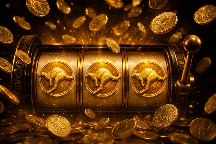 Slot reels at a big win moment with gold symbols and coins