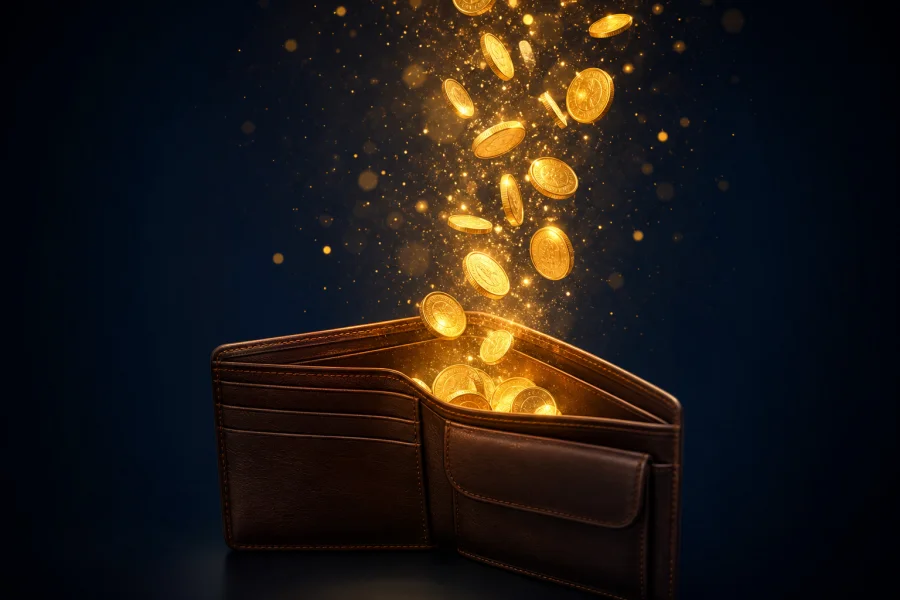 Gold coins flowing into a leather wallet, reward concept