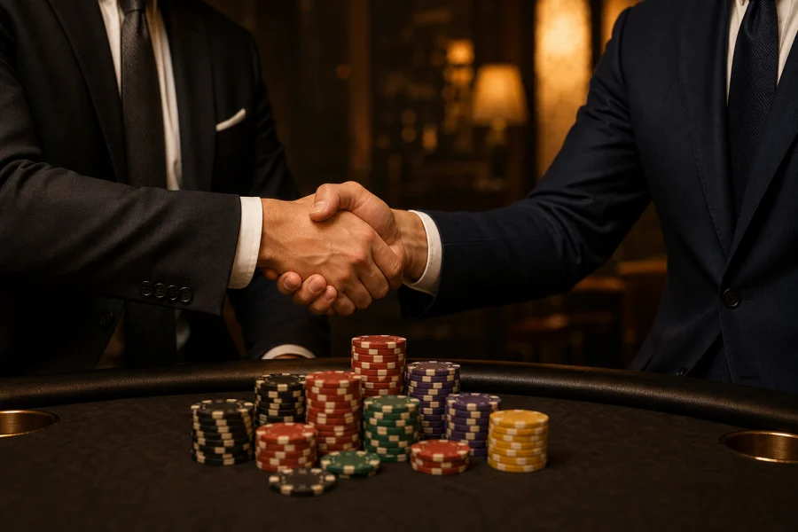 Handshake over a casino table with chips