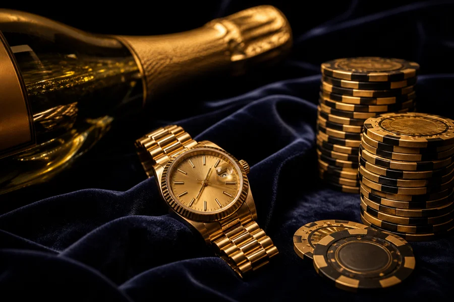 Champagne, gold watch and casino chips on dark velvet