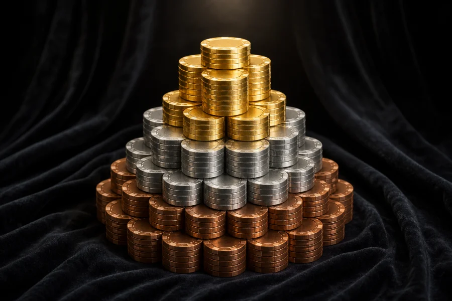 Pyramid of gold, silver and bronze casino chips on velvet